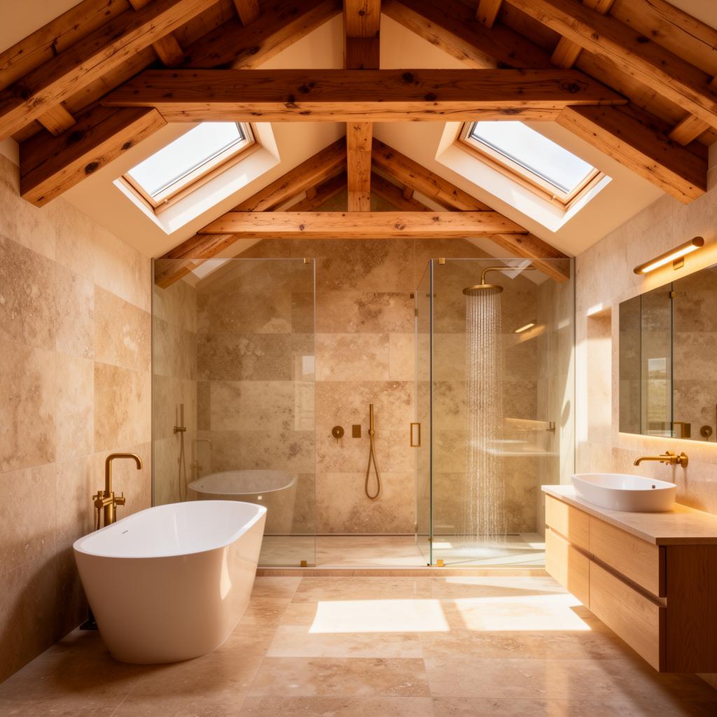 Luxury loft bathroom renovation with exposed oak beams and freestanding bathtub by TEMBOK